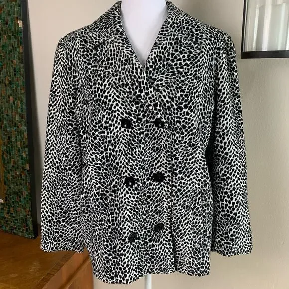 Vintage Sz L Animal Print Leopard Velvet Double Breasted Blazer Jacket Black Wht - Picture 5 of 16